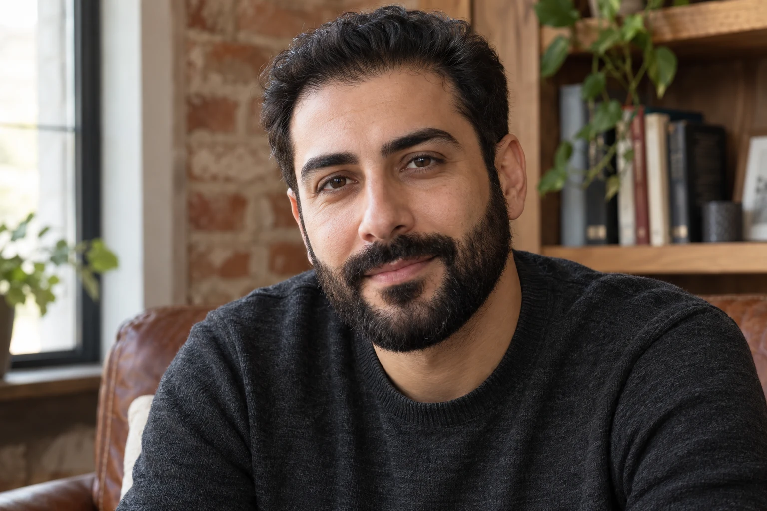 رجل بالغ يرتدي قميصاً داكناً وتظهر لديه لحية طبيعية كثيفة والذقن وخط الفك، في مشهد مرتبط بباقة زراعة اللحية في إسطنبول