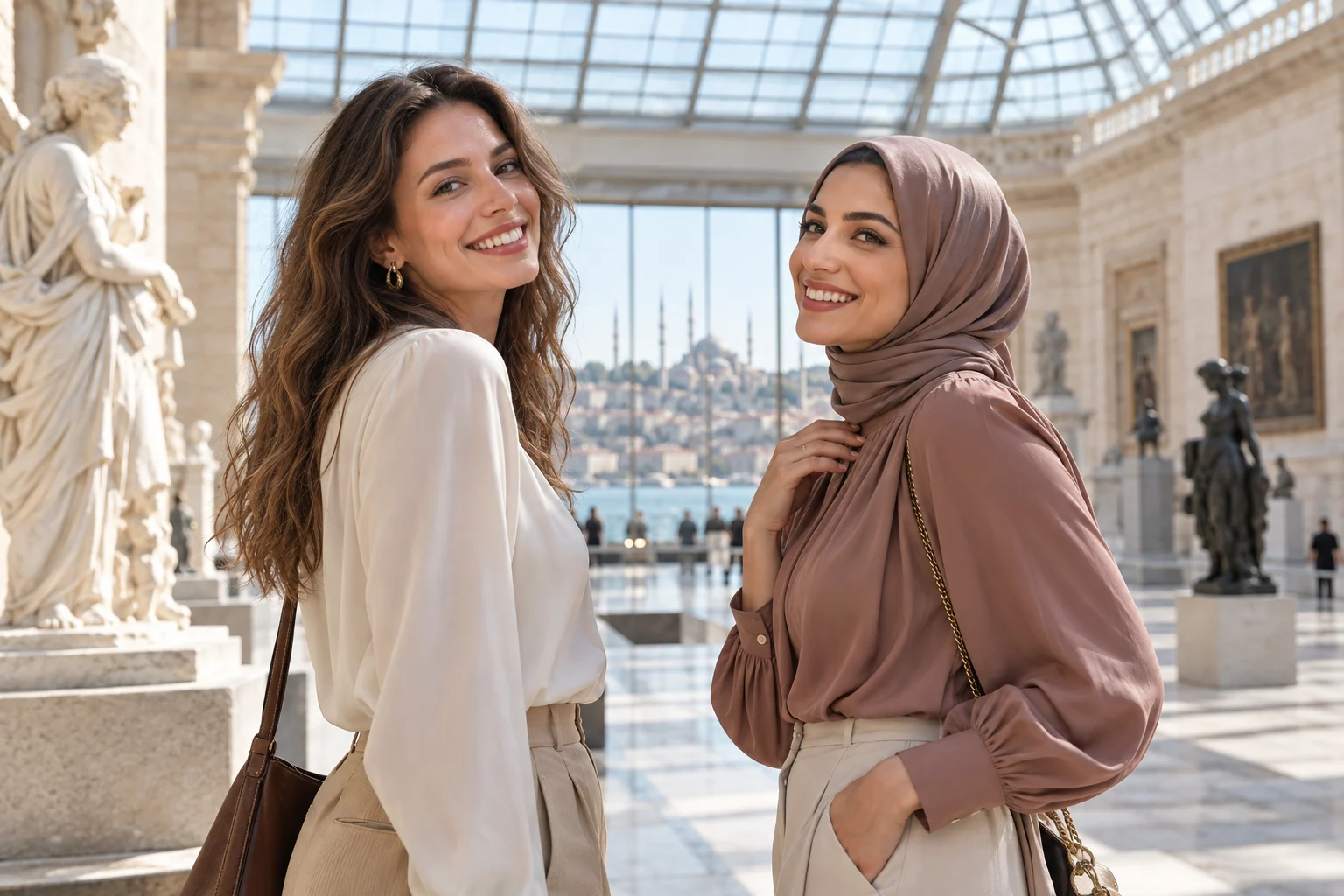 امرأتان بالغتان تظهران بالكامل في الصورة مع أنف واضح ومتمركز لكل منهما ضمن حزمة تجميل الأنف لشخصين في إسطنبول