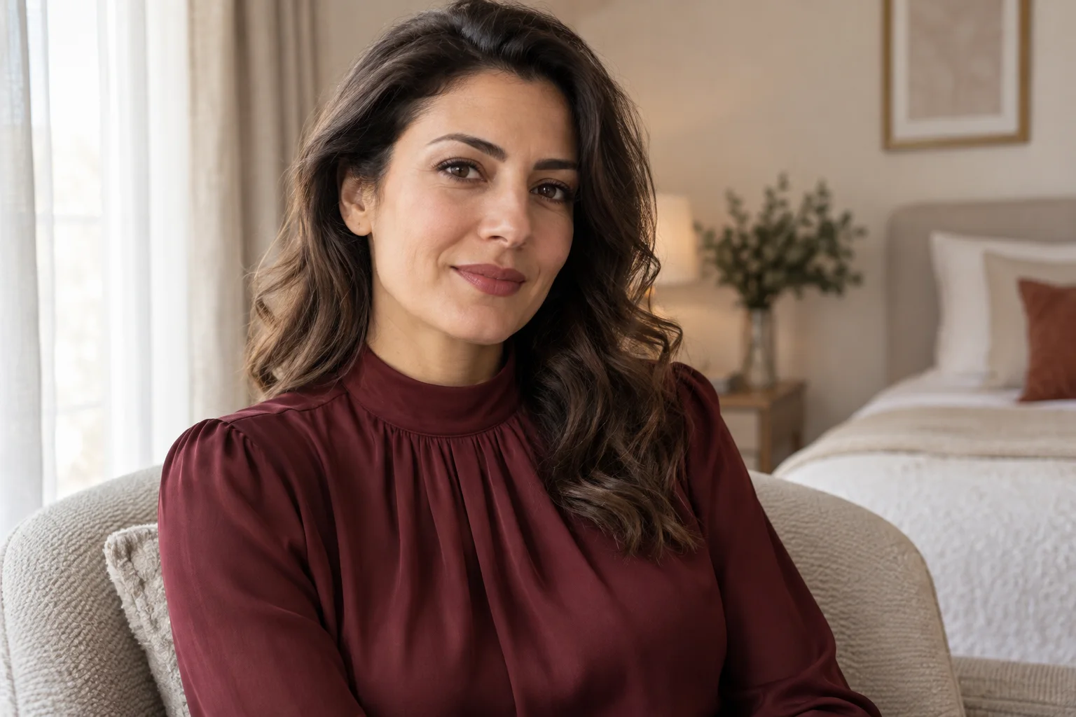 امرأة بالغة ترتدي بلوزة عالية الياقة ويظهر وجهها وكتفاها ضمن حزمة تجميل الشفرين الصغيرين في إسطنبول