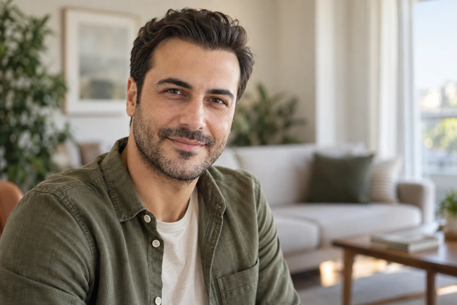 رجل بالغ يرتدي قميصاً كحلياً وتظهر لديه مقدمة شعر طبيعية، في مشهد مرتبط بباقة زراعة الشعر بتقنية سافير في إسطنبول