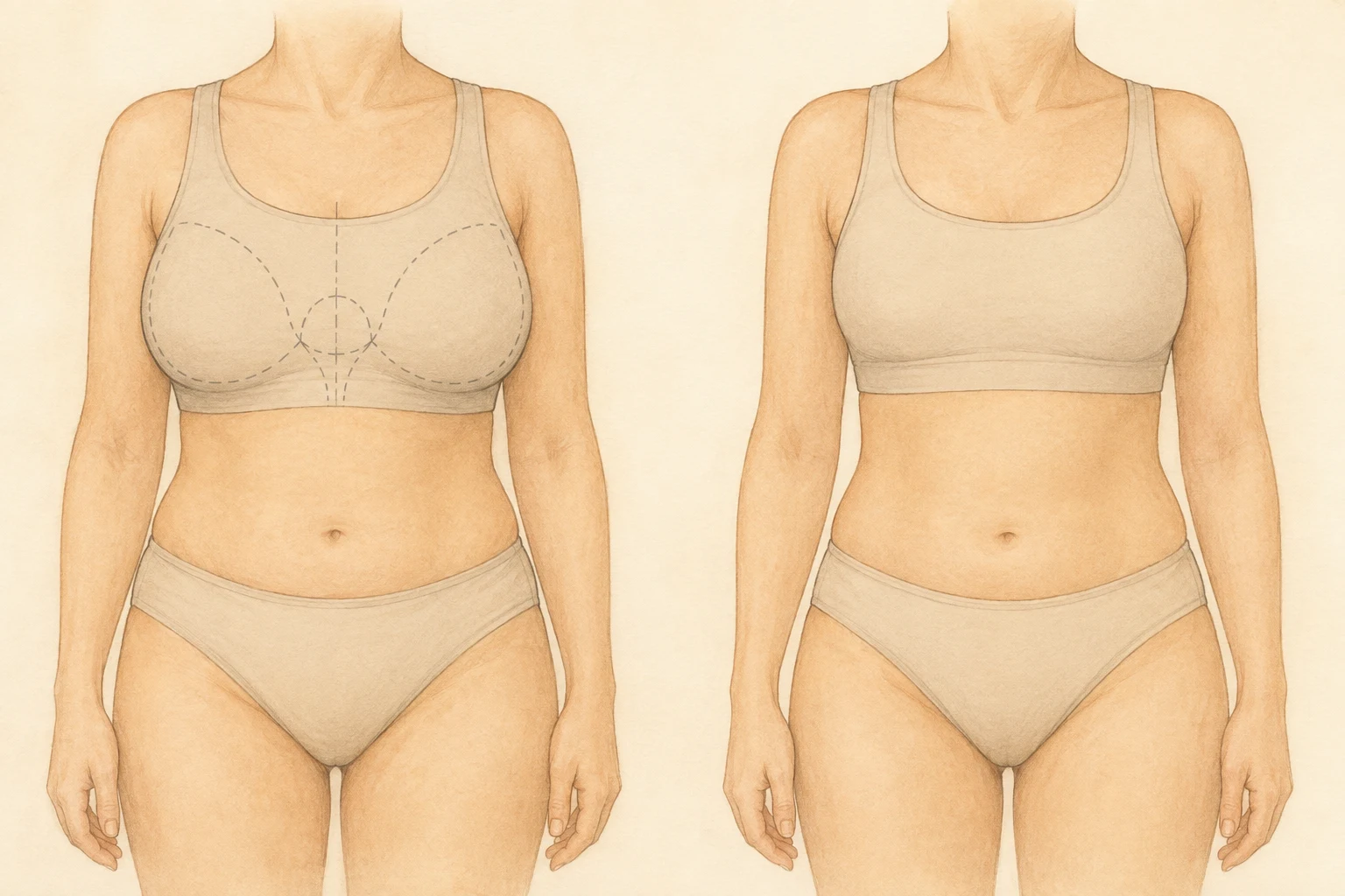 Medical illustration of breast reduction planning and the expected proportionate contour in Turkey — BreastAugmentationInTurkey.org